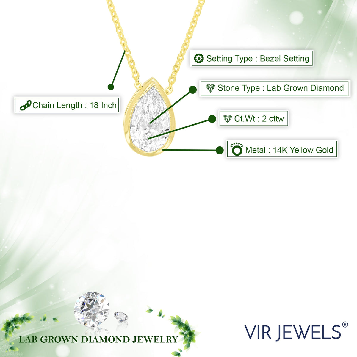 2 cttw Pear Lab Grown Diamond Solitaire Pendant Necklace in 14K Gold with Chain For Women