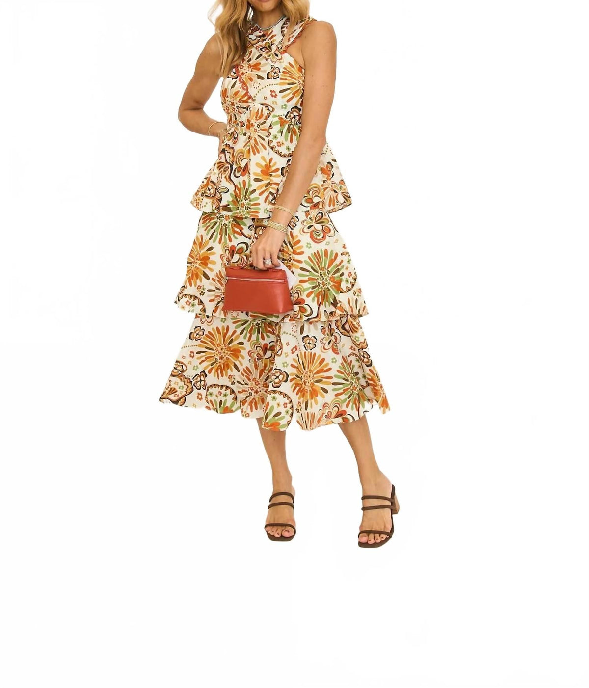 Savanna Tiered Halter Dress In Ivory  Multi