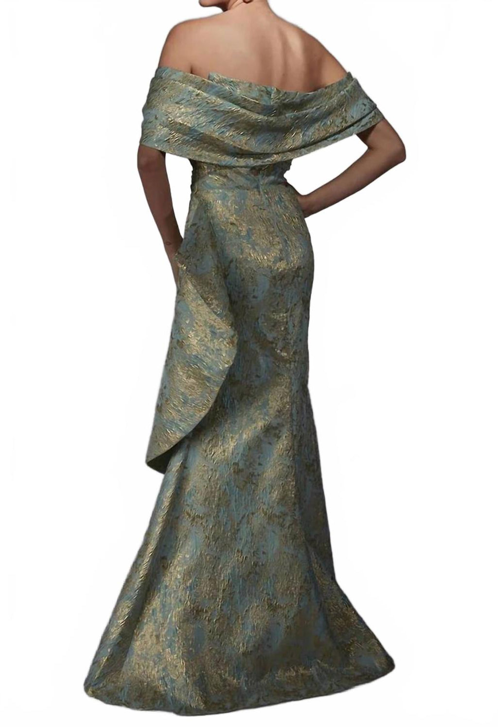 Detachable Sleeve Jacquard Mermaid Dress In Sea Glass Gold