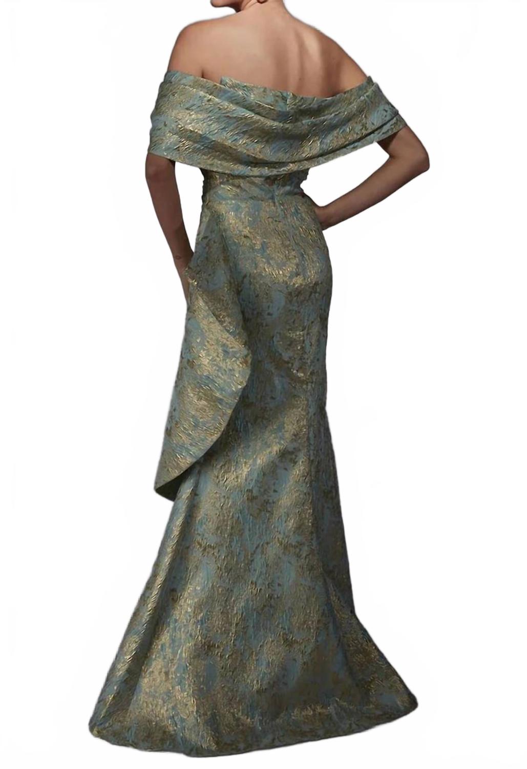 Detachable Sleeve Jacquard Mermaid Dress In Sea Glass Gold