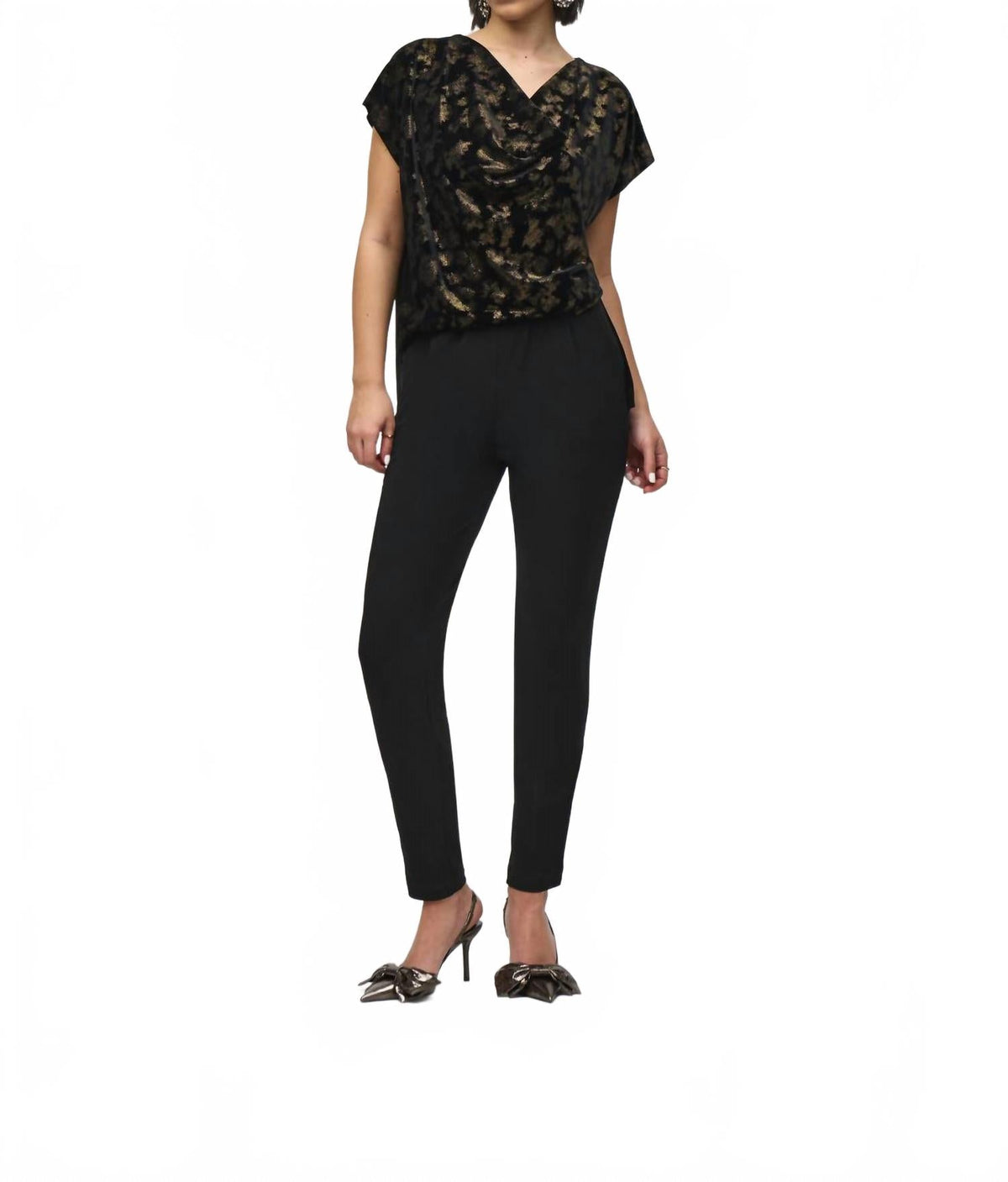 Silky Knit And Foiled Velvet Jumpsuit In Black/gold