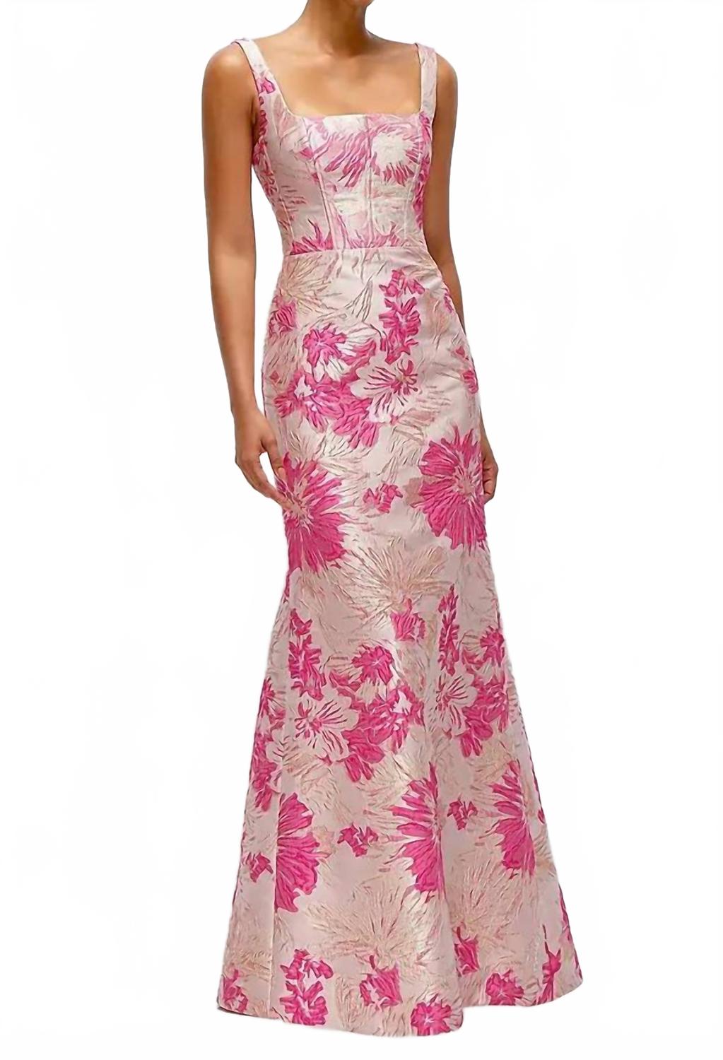 Jacquard Square Neck Maxi Dress In Hibiscus Pink Floral