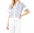 V-Neck Short Sleeve Ember Trim Blouse In Blue
