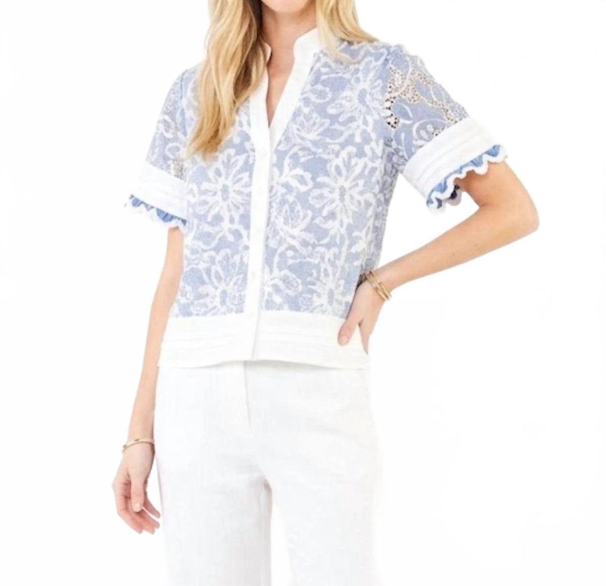 V-Neck Short Sleeve Ember Trim Blouse In Blue