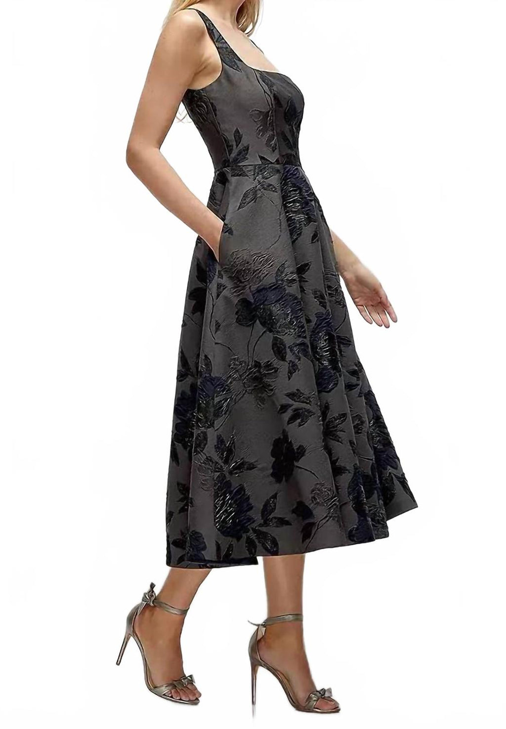 Square Neck Floral Metallic Jacquard Midi Dress In Noir Midnight Navy