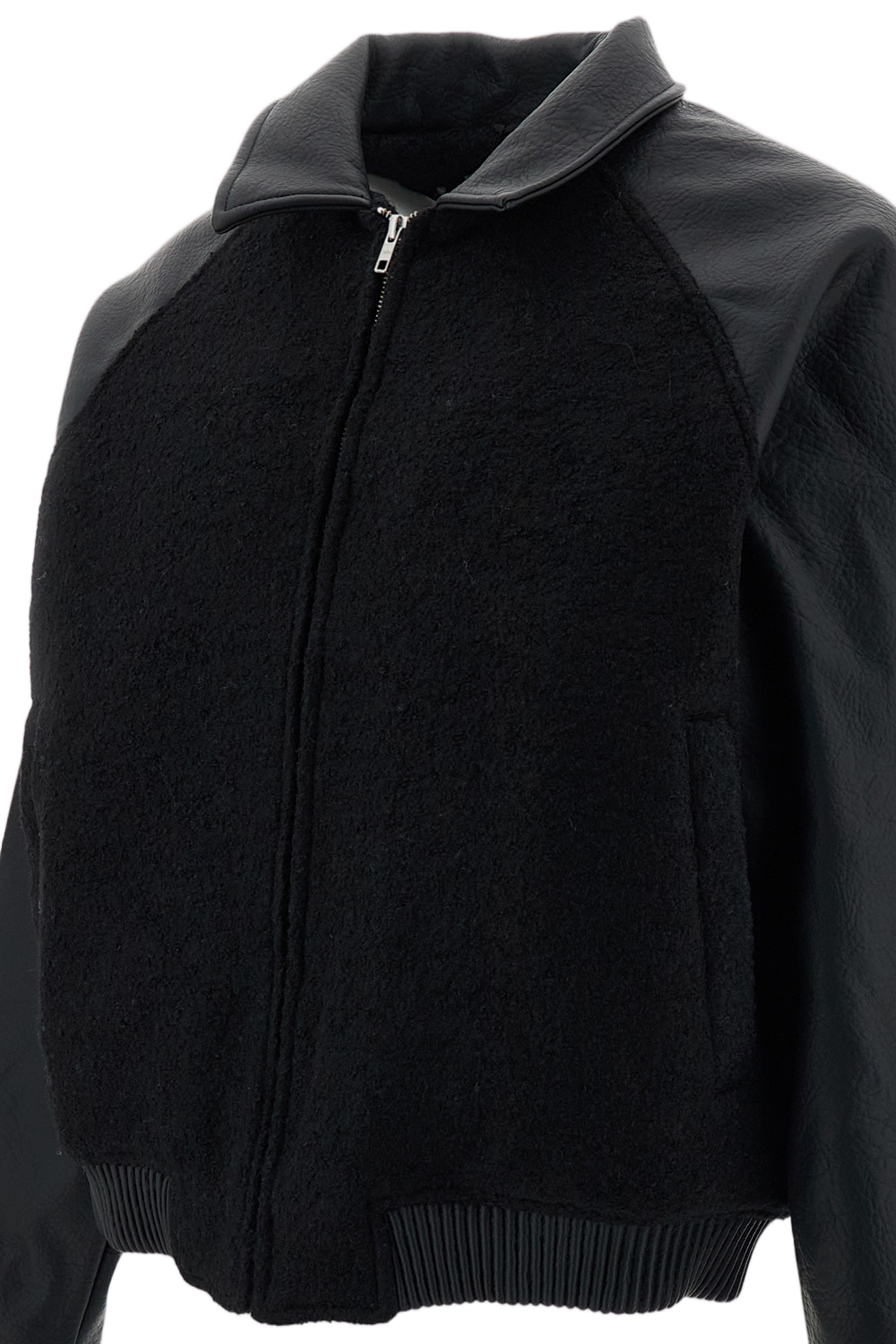Black Textured Faux Leather Bomber Jacket