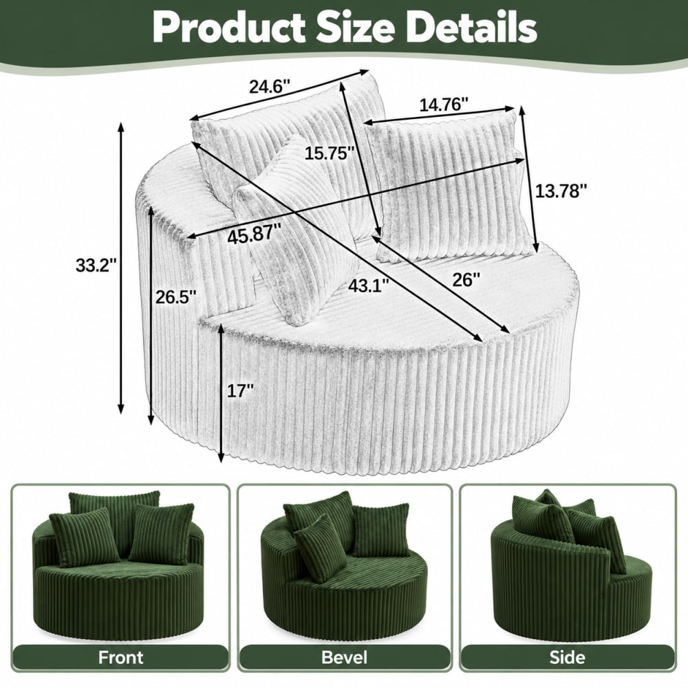 GOODSILO Oversized Round Swivel Accent Chair with Plush Upholstery and Matching Throw Pillows