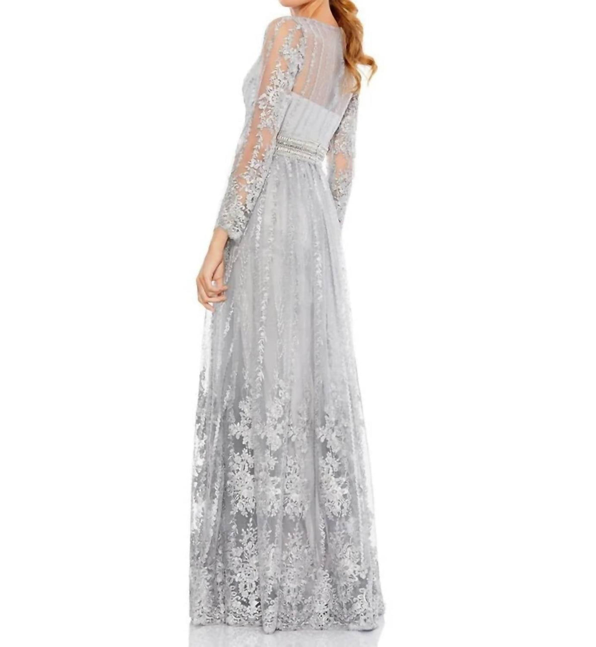 Sheer Sleeve A-Line Formal Gown In Platinum