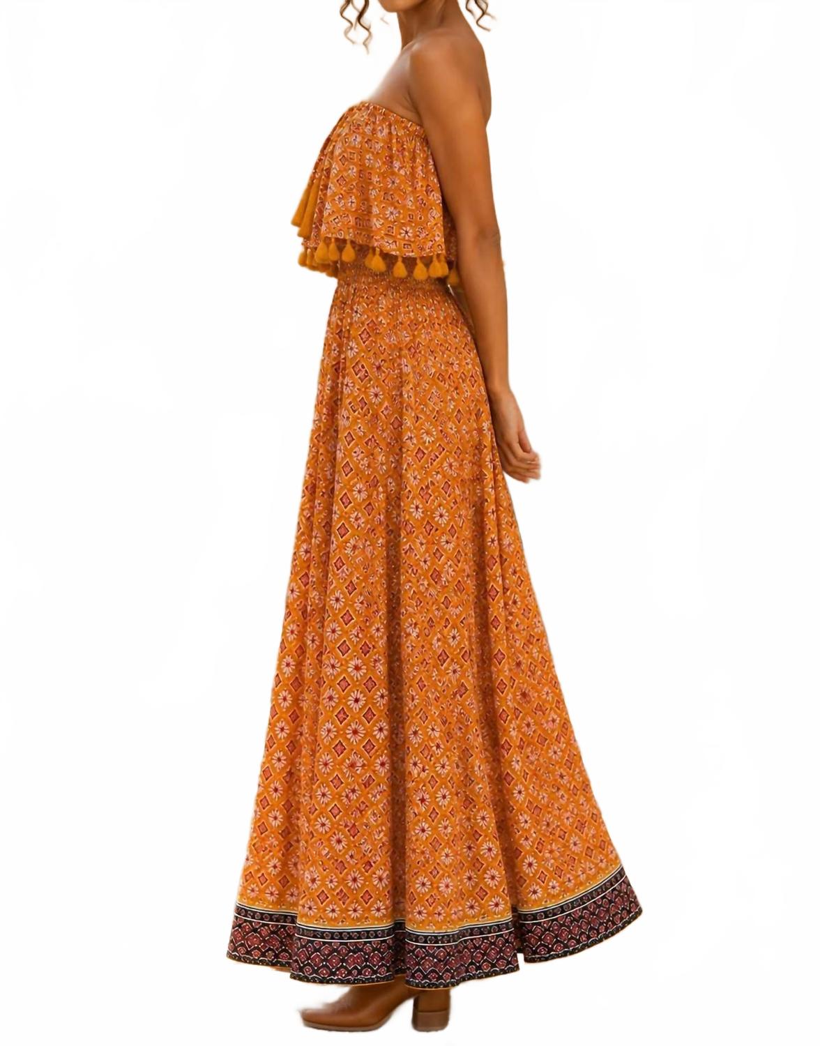 Block Print Strapless Maxi Dress In Orange