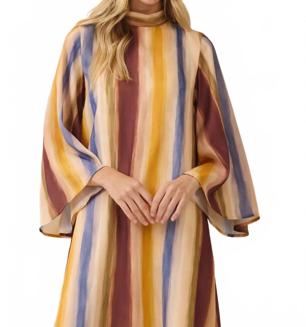 Watercolor Striped Tie Neck Maxi Dress In Multicolor