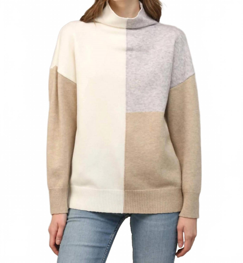 Mock Neck Neutral Color Block Sweater In Beige
