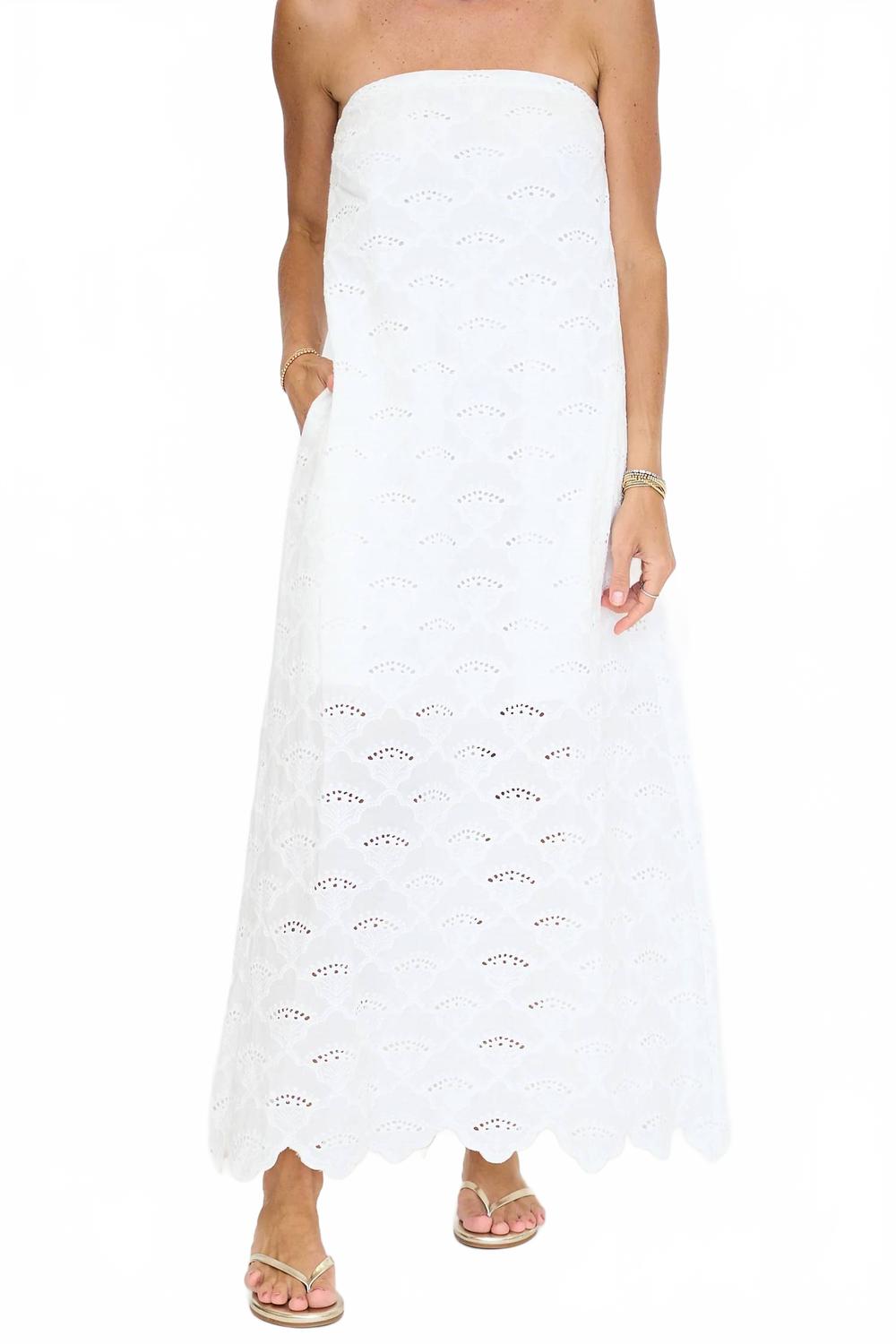 Strapless Eyelet Hem Detail Midi Dress In Off-White