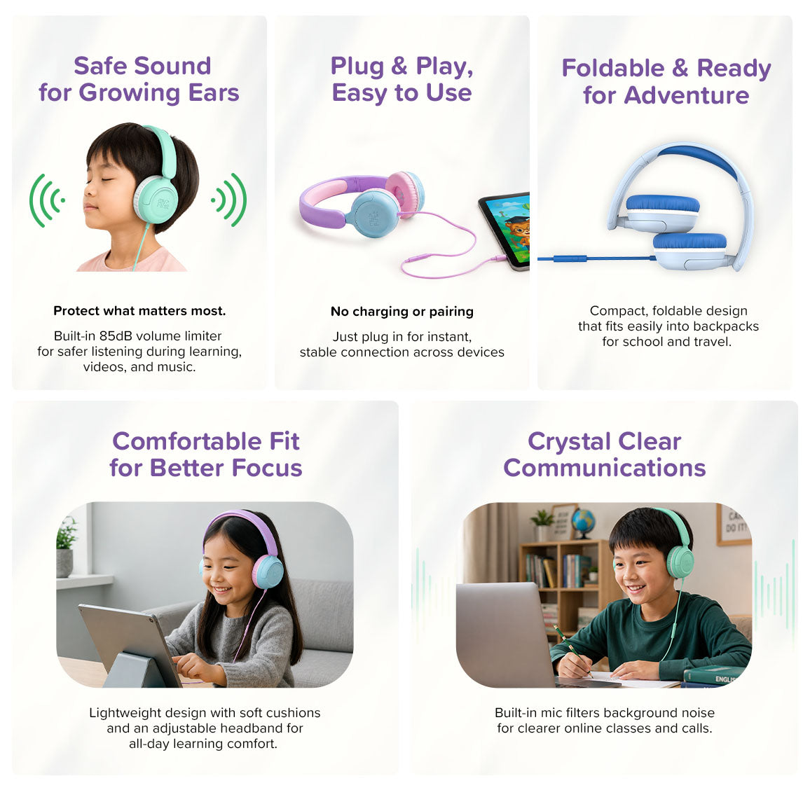 myFirst CareBuds Link W1, Foldable Wired Headphone with Kids Safe Volume Limit with Built in Mic