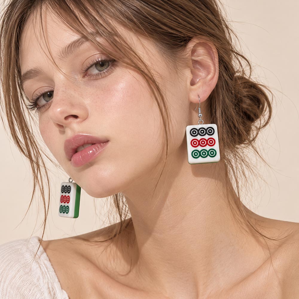 12Pairs - Mahjong Tile Charm Drop Earrings