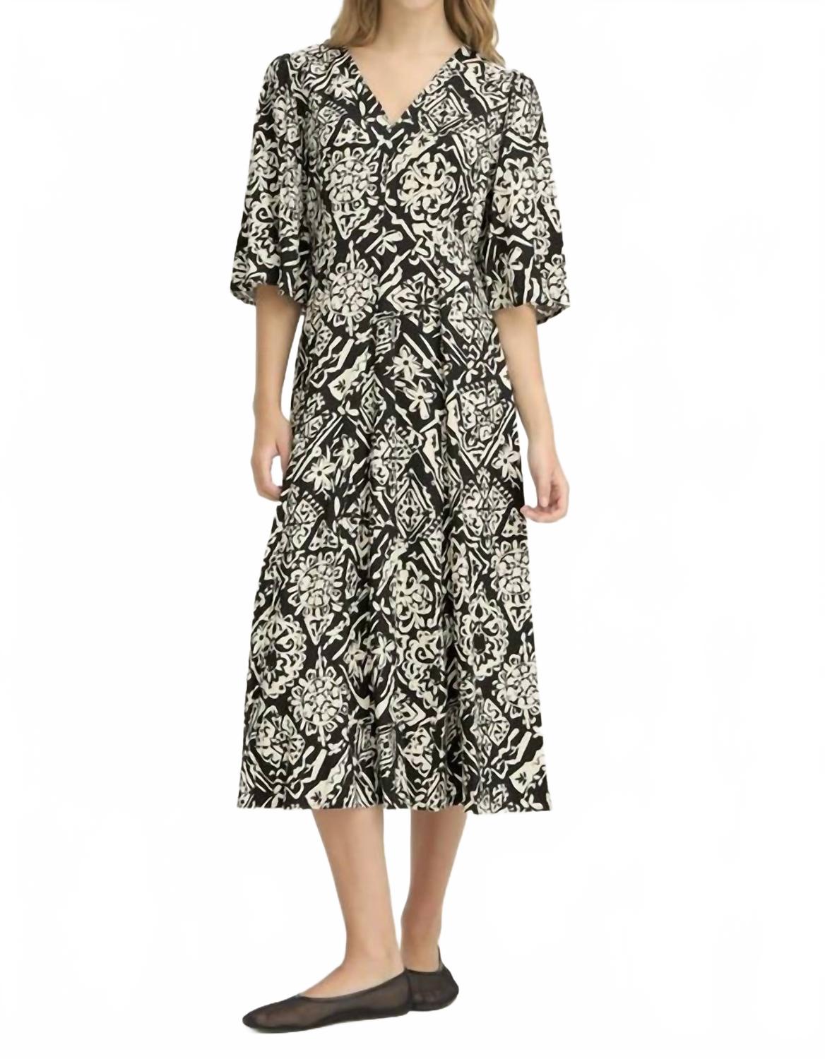 Block Printed Dress In Black / Cream