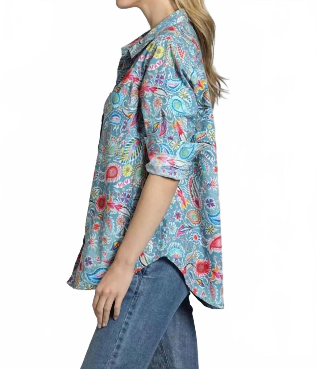 Boyfriend Button-Up Shirt With Roll-Up Sleeve In Blue Multi
