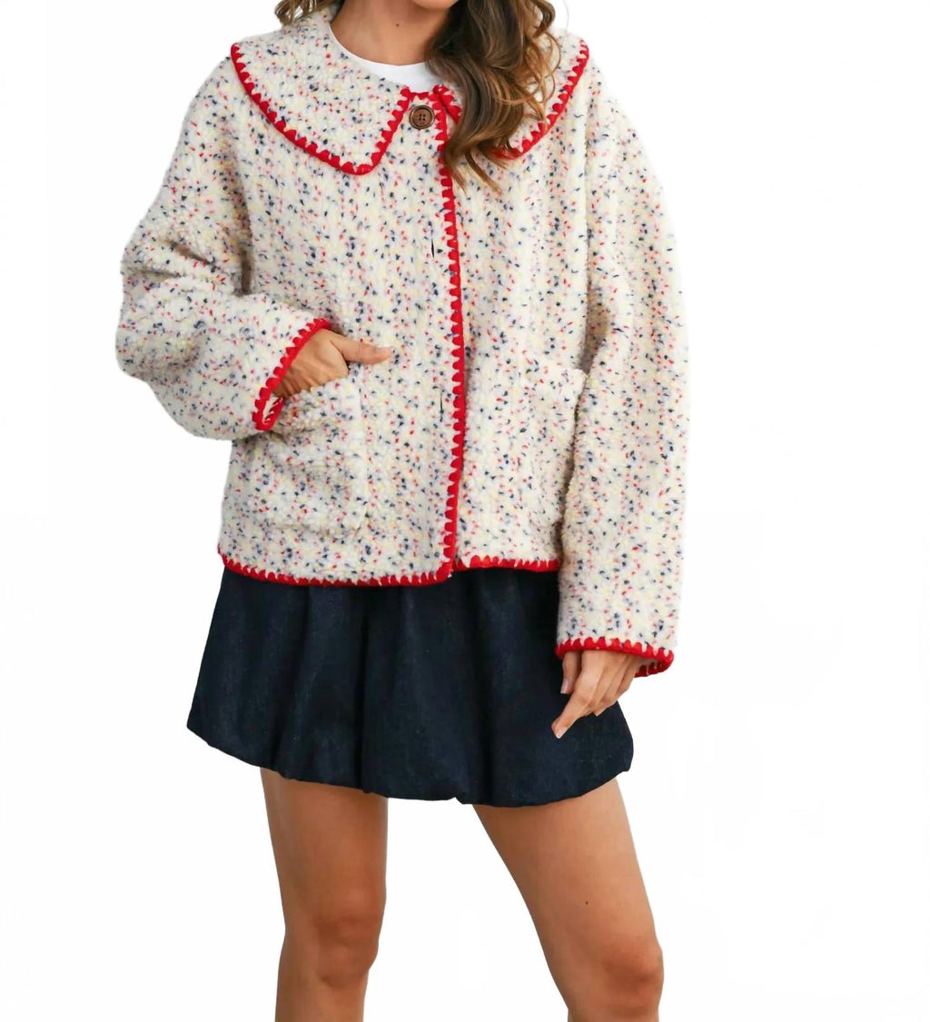 Buttoned Fleece Puffer Jacket In Ivory Multi