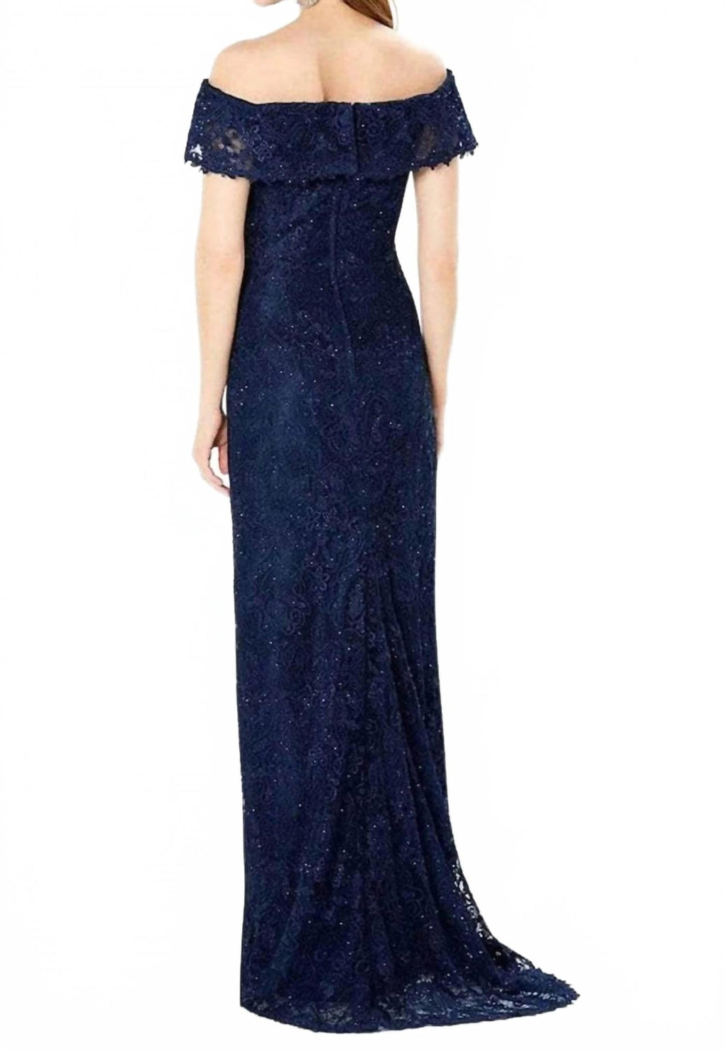 Beaded Lace Sheath Evening Gown In Navy