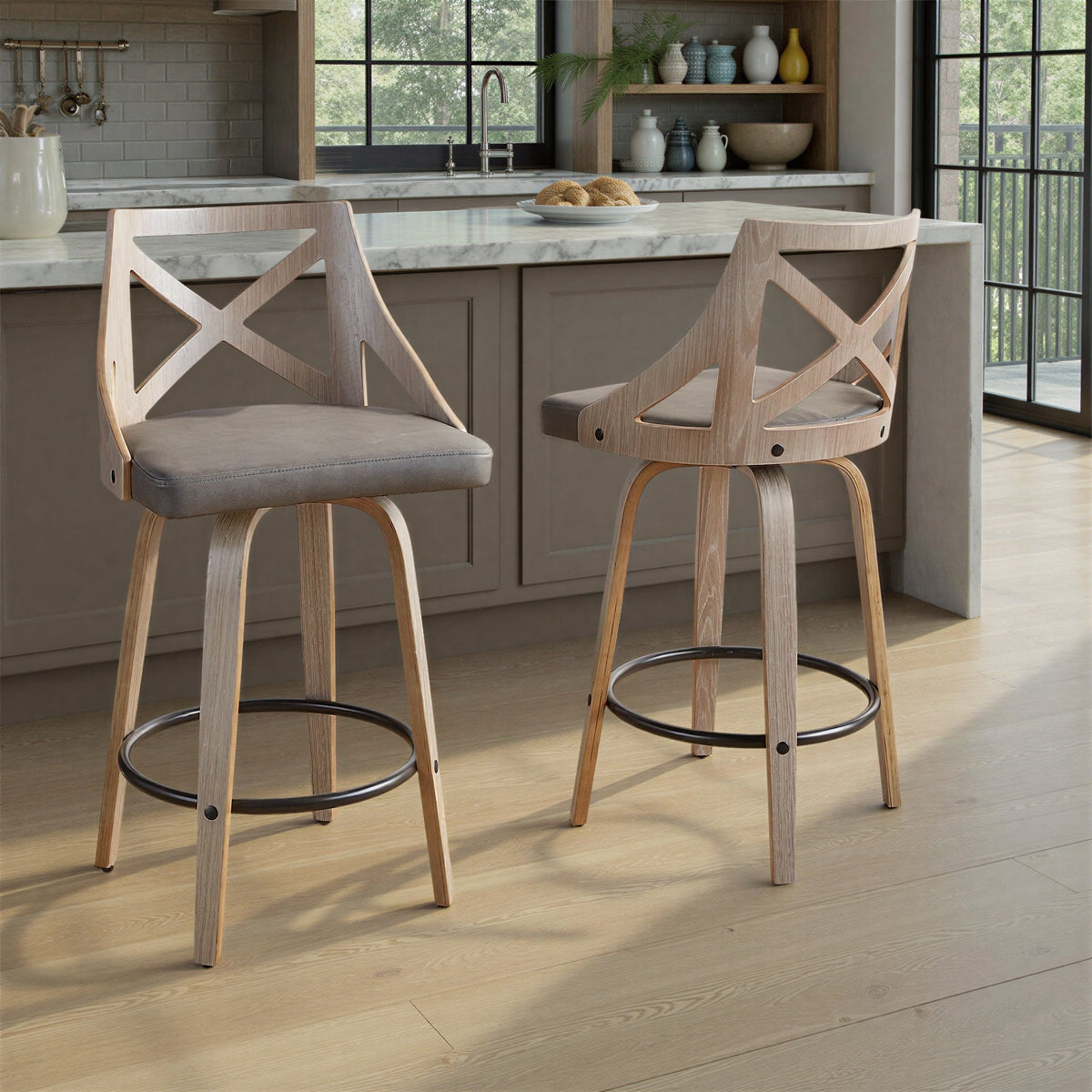 Pair of Cushioned Counter Stools with Backrests