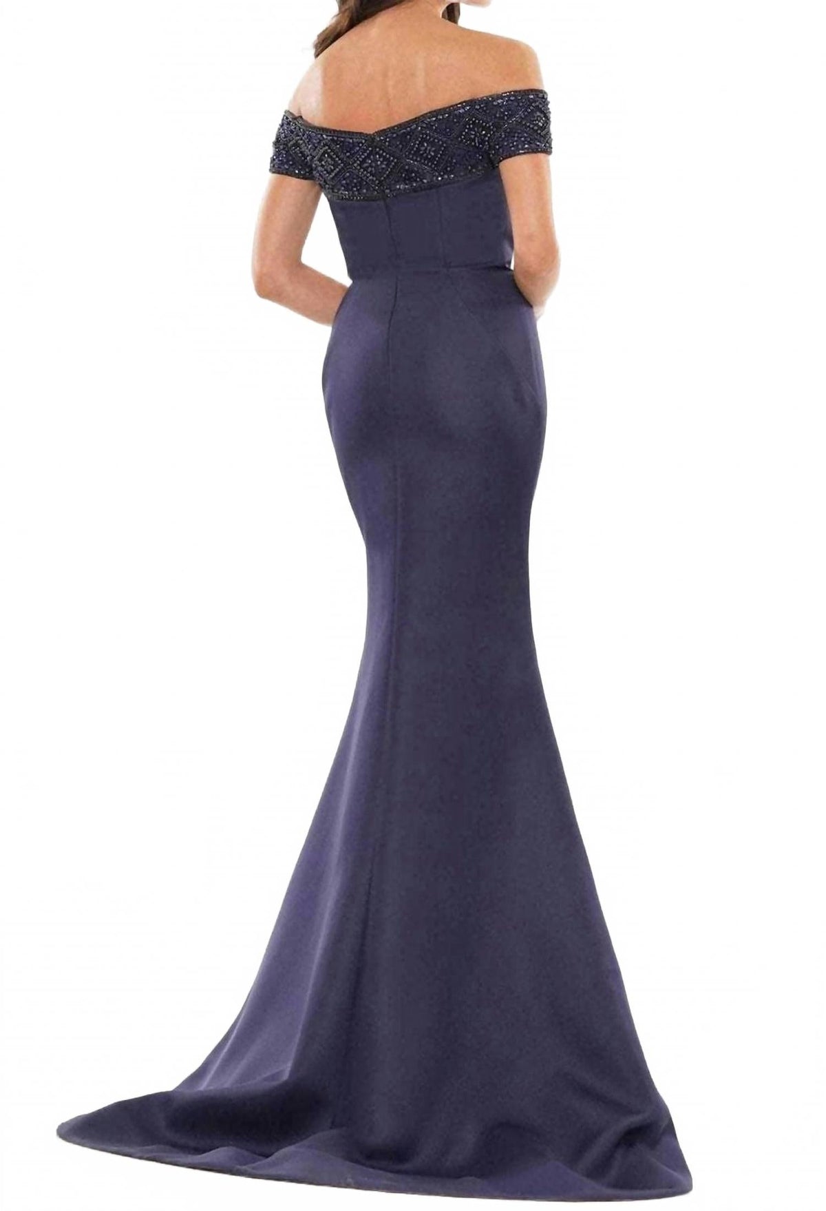 Beaded Off Shoulder Maxi Dress In Navy