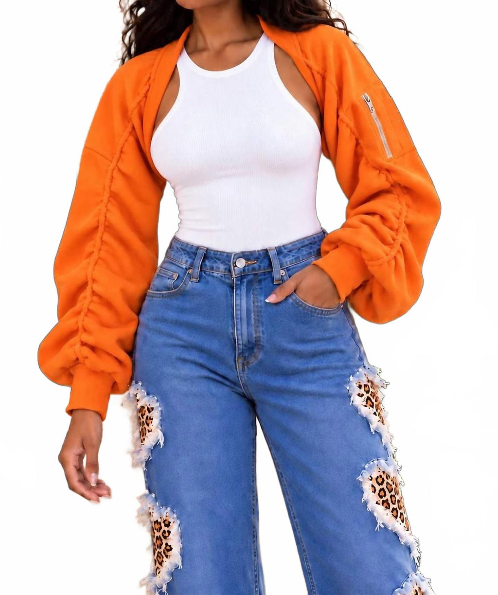 Edgy Ruched Sleeve Cropped Bomber Bolero Shrug Jacket In Orange