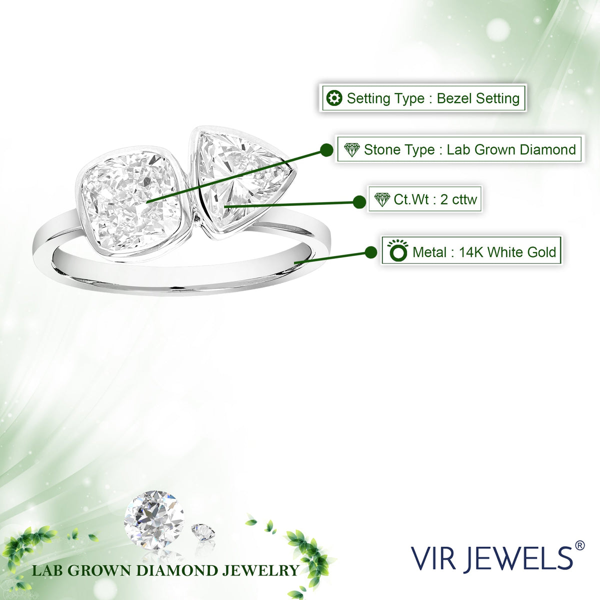 2 cttw Cushion and Trillion Lab Grown Diamond 2 Stone Engagement Ring in 14K White Gold For Women