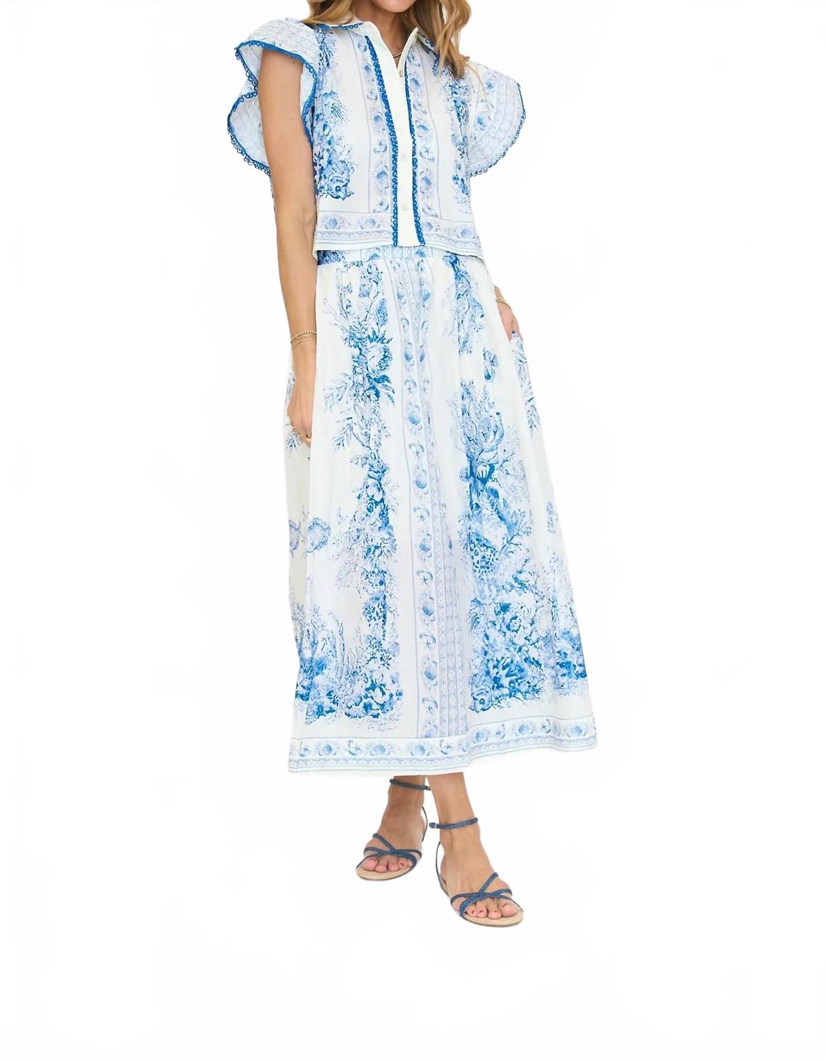 Whispy Ruffle Detail Top In Blue/ White