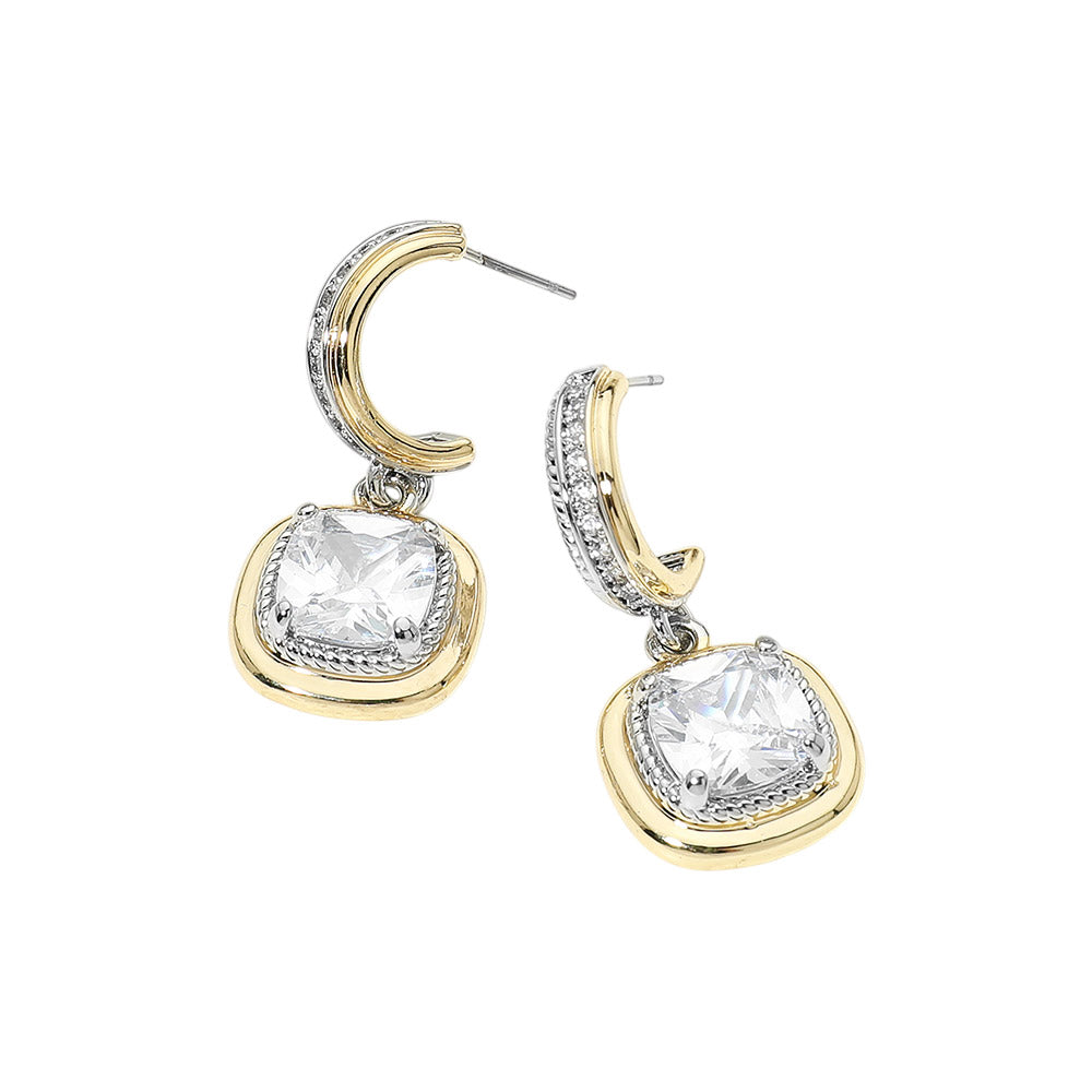 14K Gold Plated Cushion Cut CZ Drop Hoop Earrings