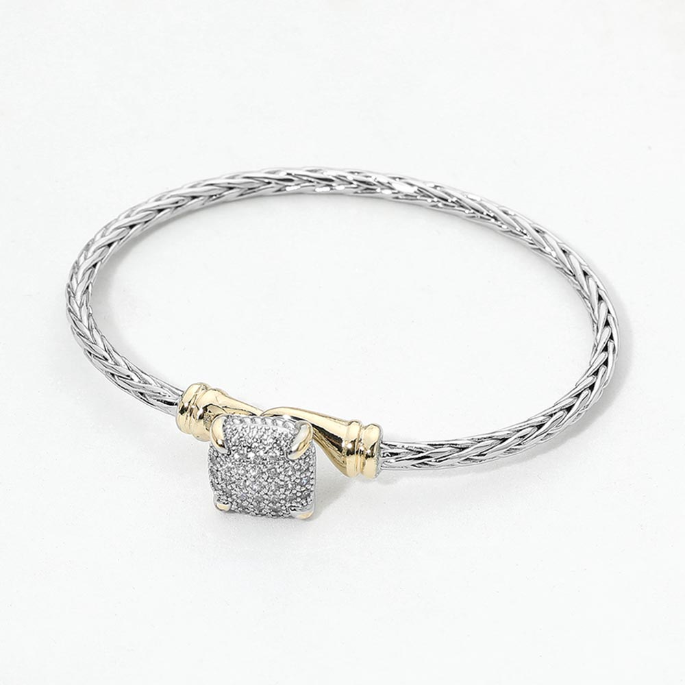 14K Gold Plated CZ Pave Square Accent Braided Bracelet