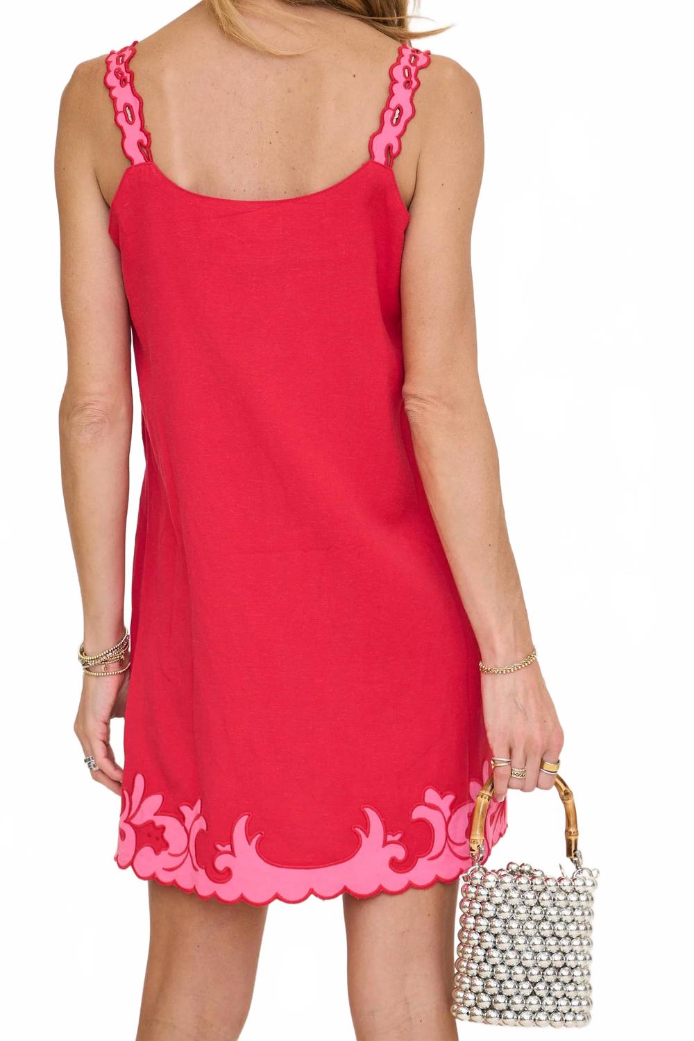 Embroidered Mini Shift Dress In Red/pink