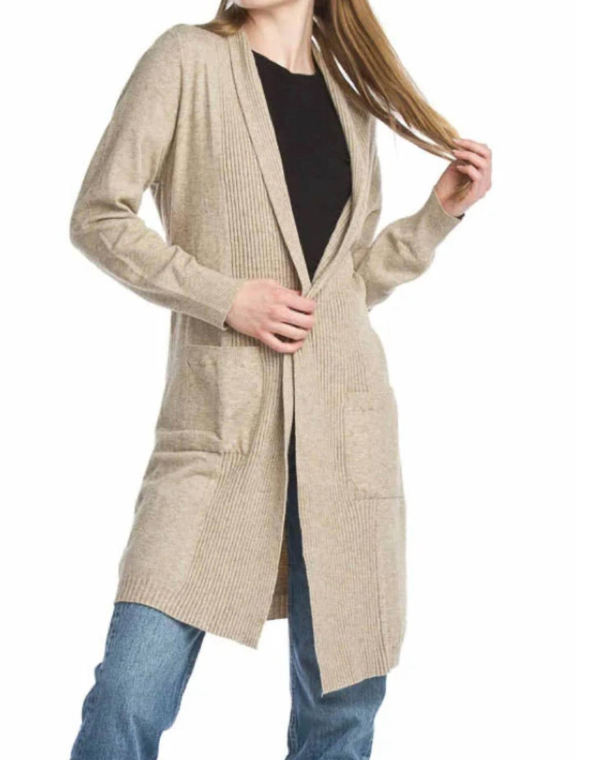 Ribbed Pointelle Cardigan In Taupe