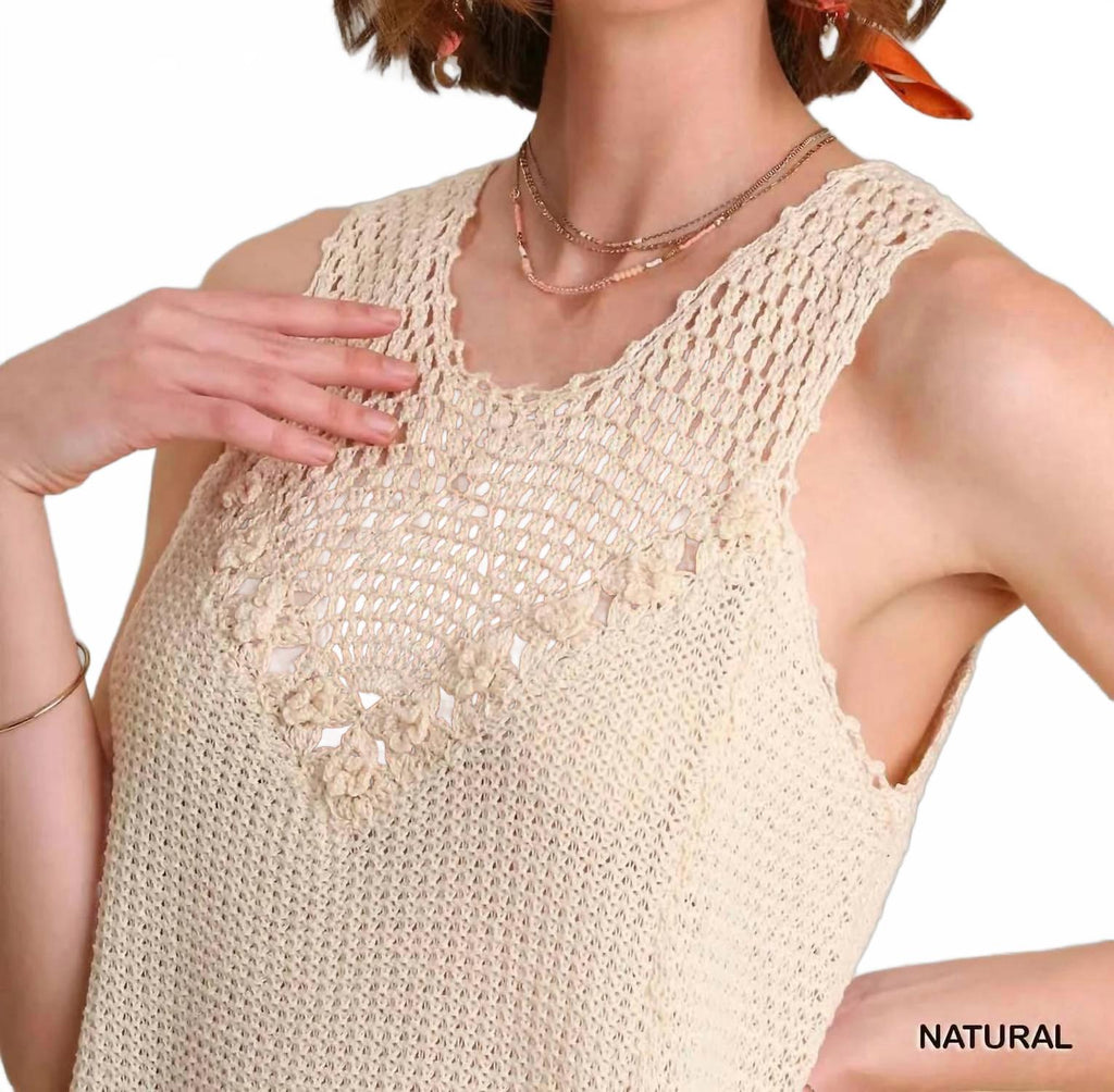Crochet Collar Fringe Hem Cover-Up Dress In Natural