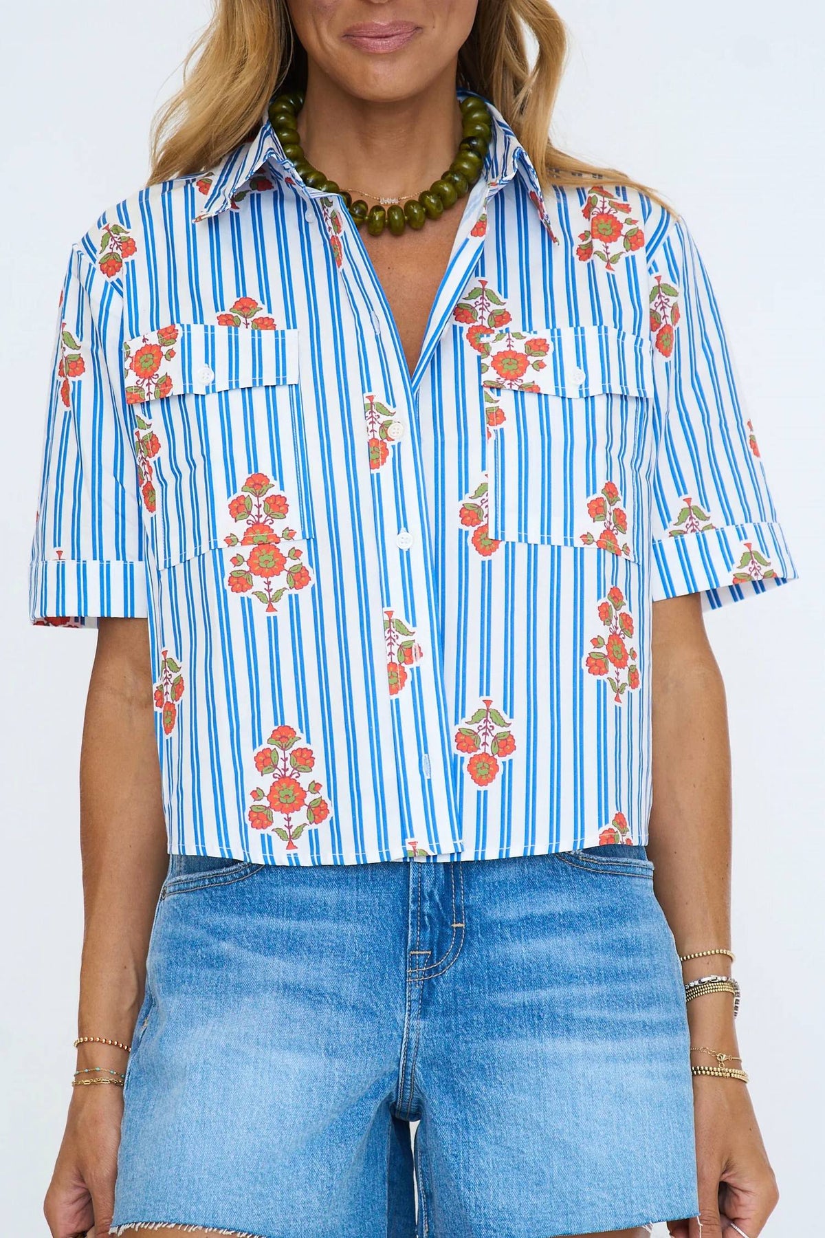 Stripe Floral Pocket Camp Top In Blue