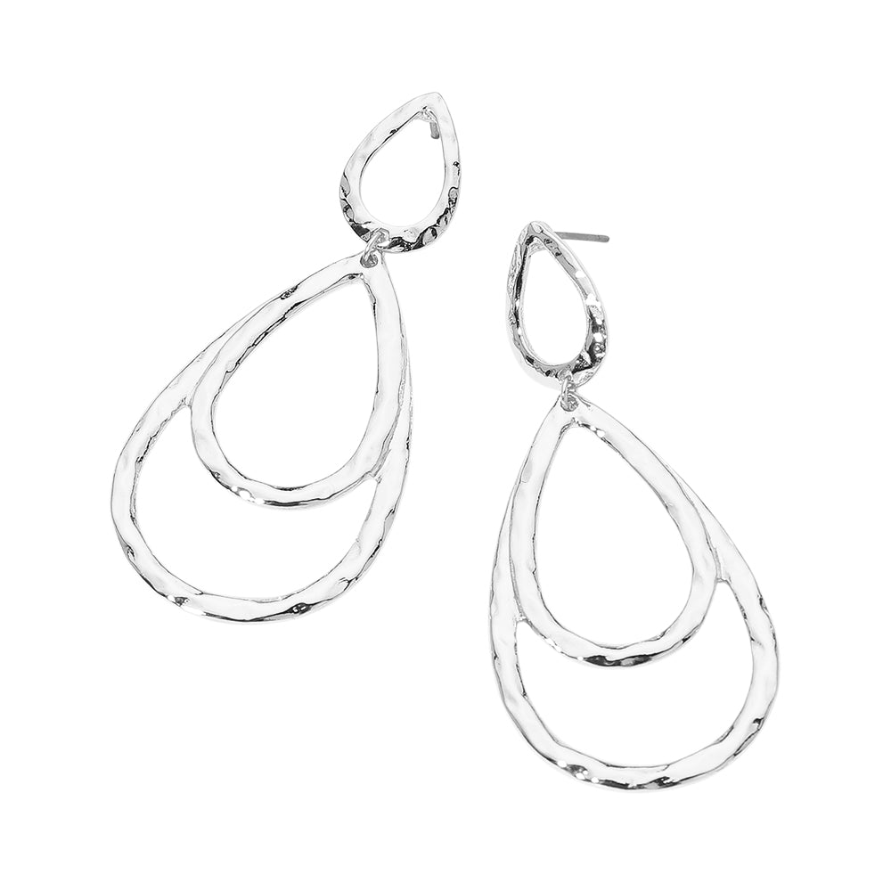 Hammered Metal Layerd Double Open Teardrop Earrings