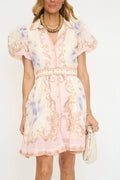 Short Sleeve Button Down Belted Mini Dress In Baby Pink