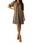Puff Sleeve Contrast Neck Lace Up Brushed Twill Mini Dress In Mocha