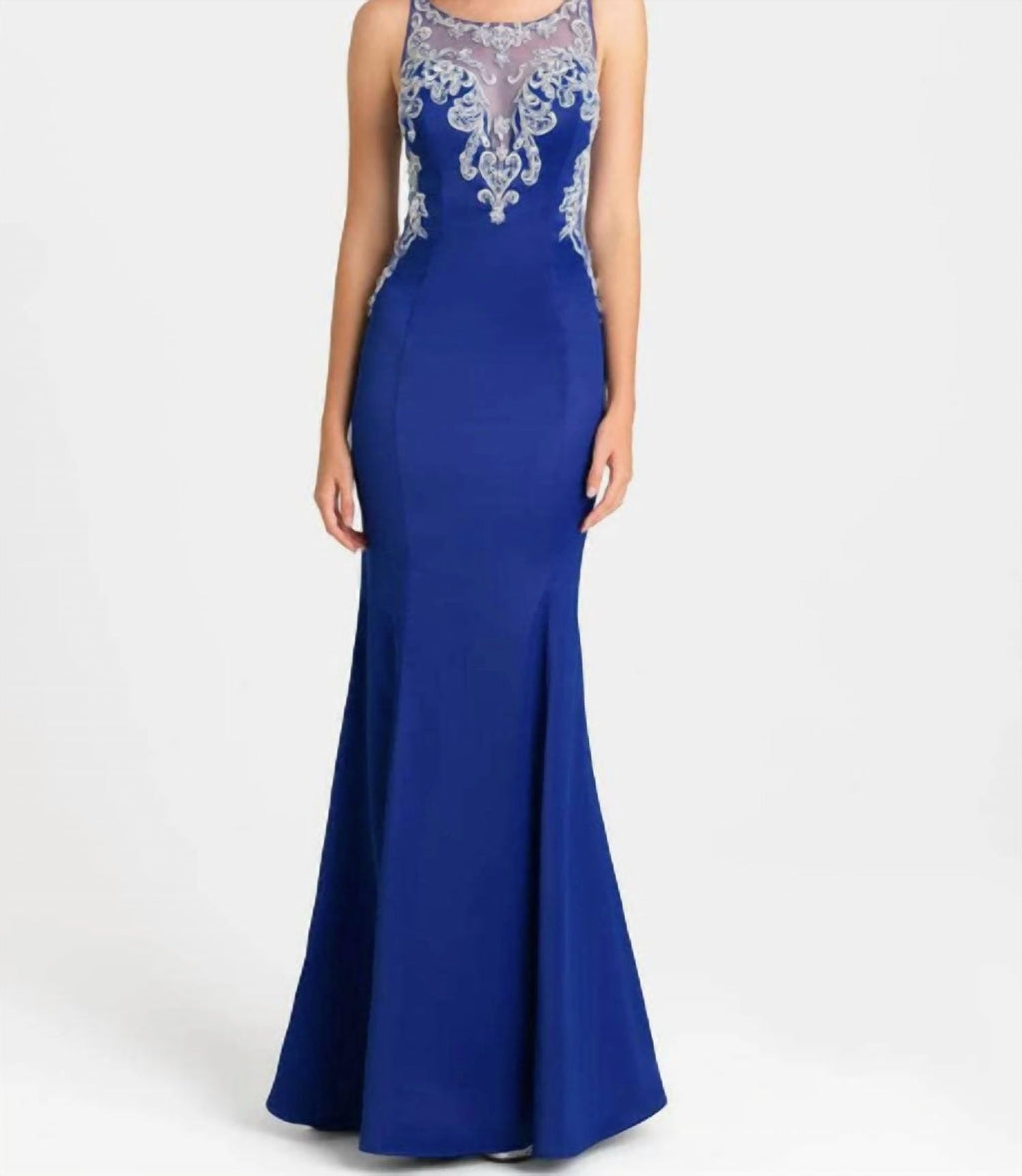 Illusion Embroidered Evening Maxi Dress In Royal