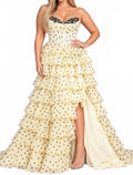 Sweetheart Polka Dot Ruffle Maxi Dress In Champagne