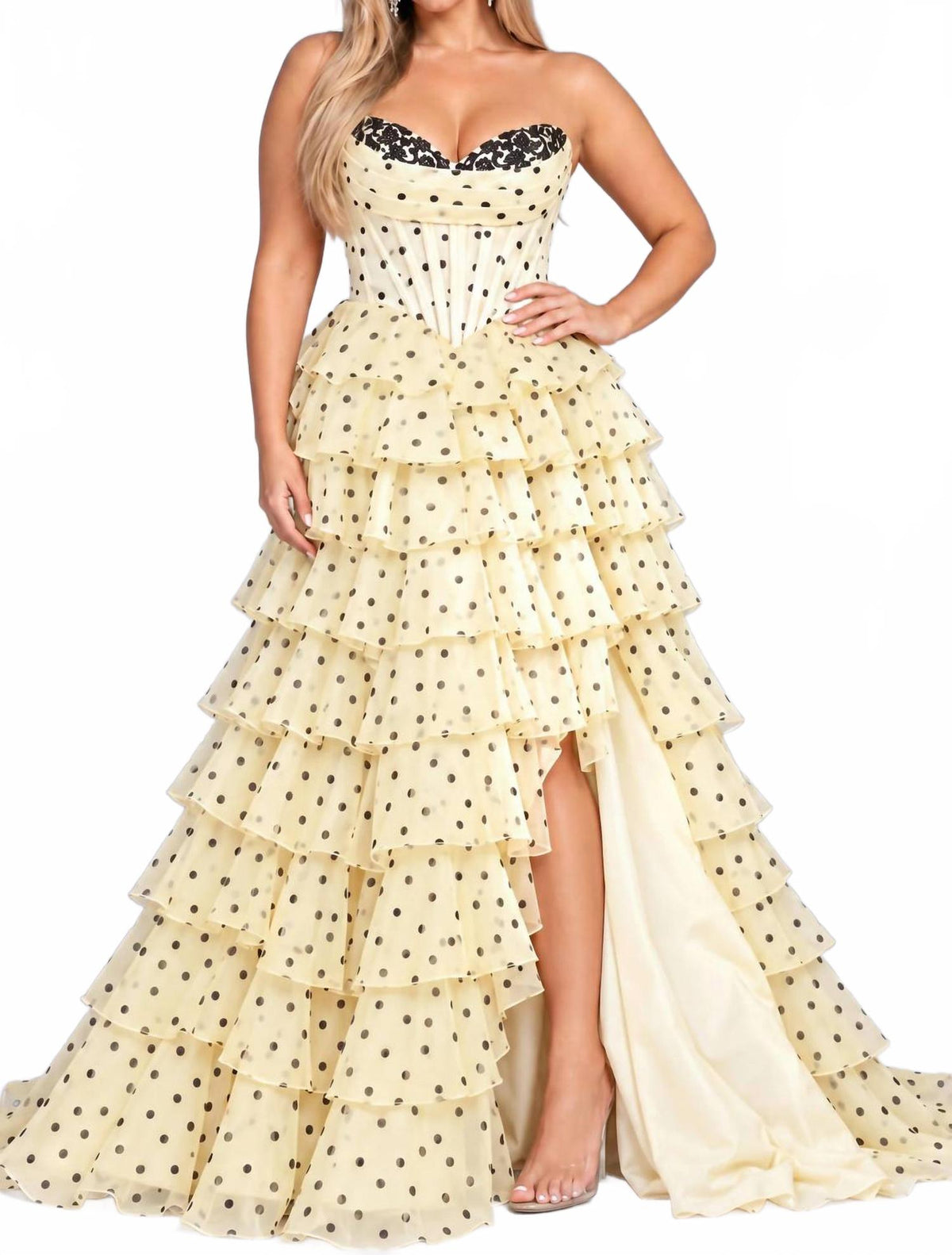 Sweetheart Polka Dot Ruffle Maxi Dress In Champagne