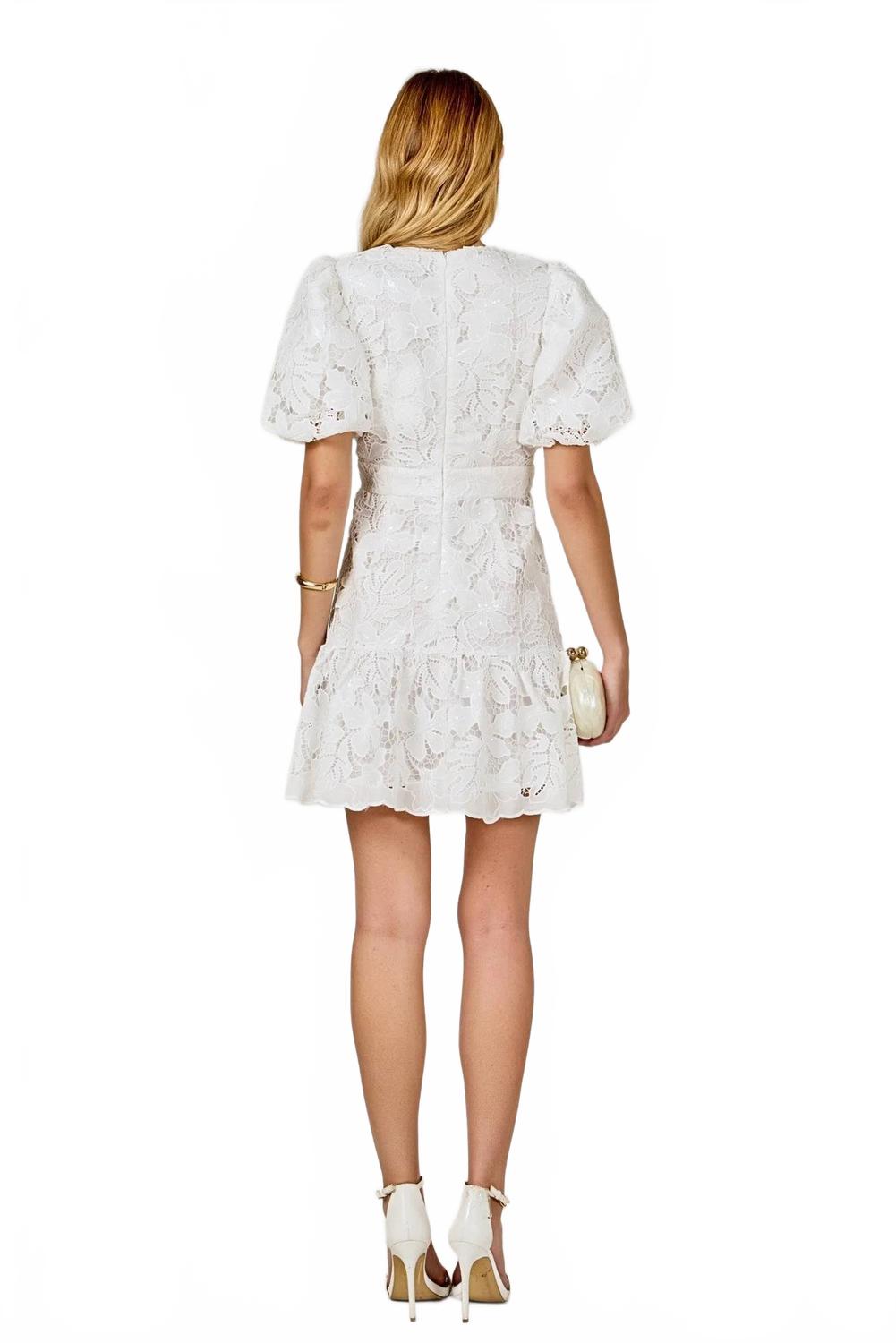 Sequins Lace Mini Dress With Blouson Sleeves In White