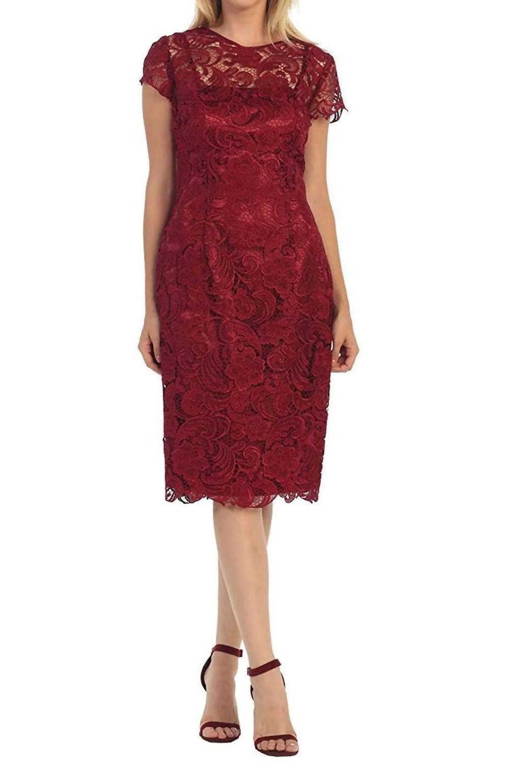 Jewel Scalloped Lace Cocktail Midi Dress - Plus In Burgundy