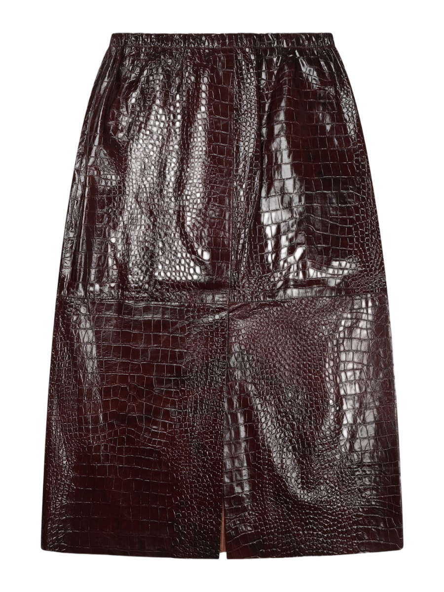 Glossy Crocodile-Embossed Leather Midi Skirt