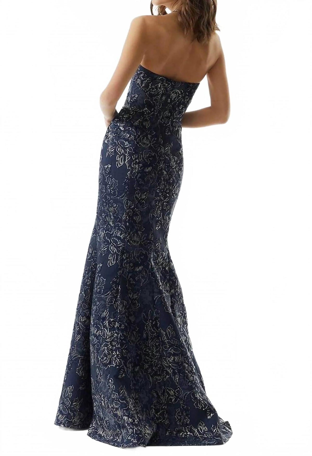 Metallic Mermaid Evening Maxi Dress In Navy Gold