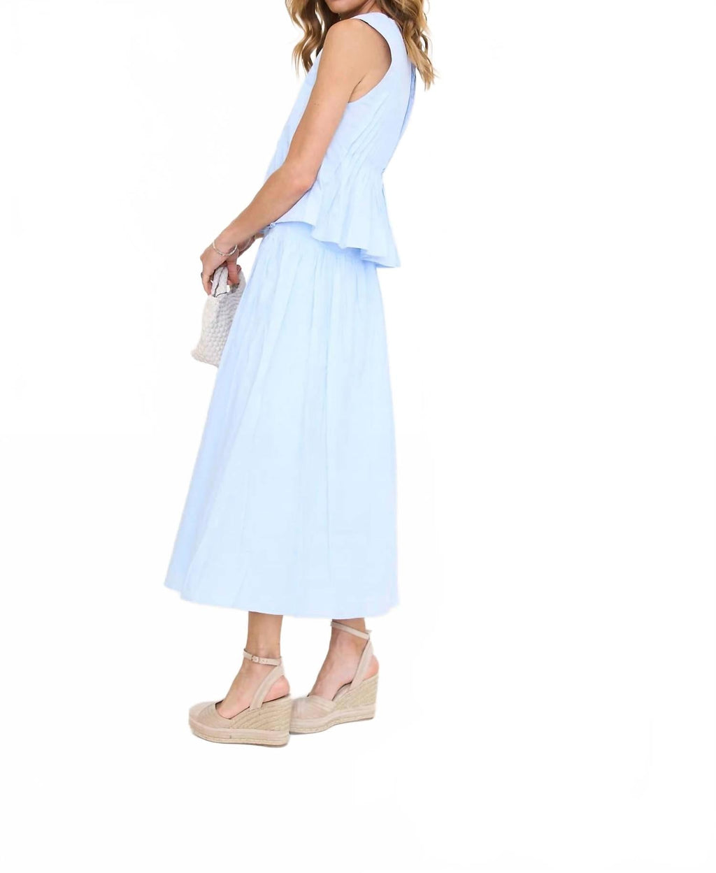 Pintucked Sleeveless Top Midi Skirt Set In Light Blue