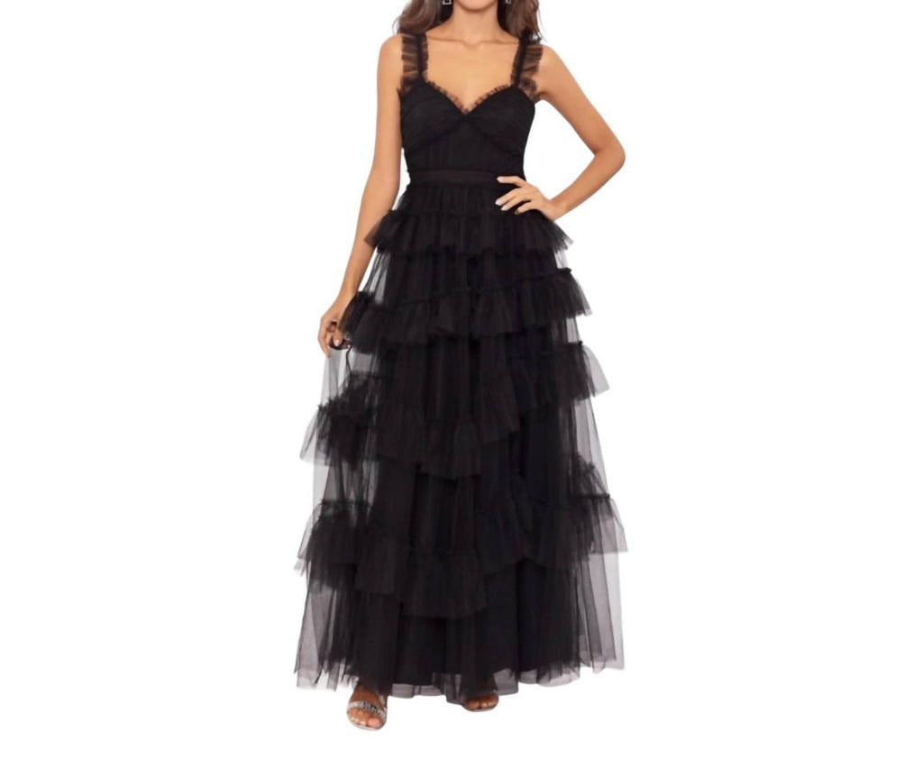 Women's Gigi Long Ruffle Mesh Dress In Black