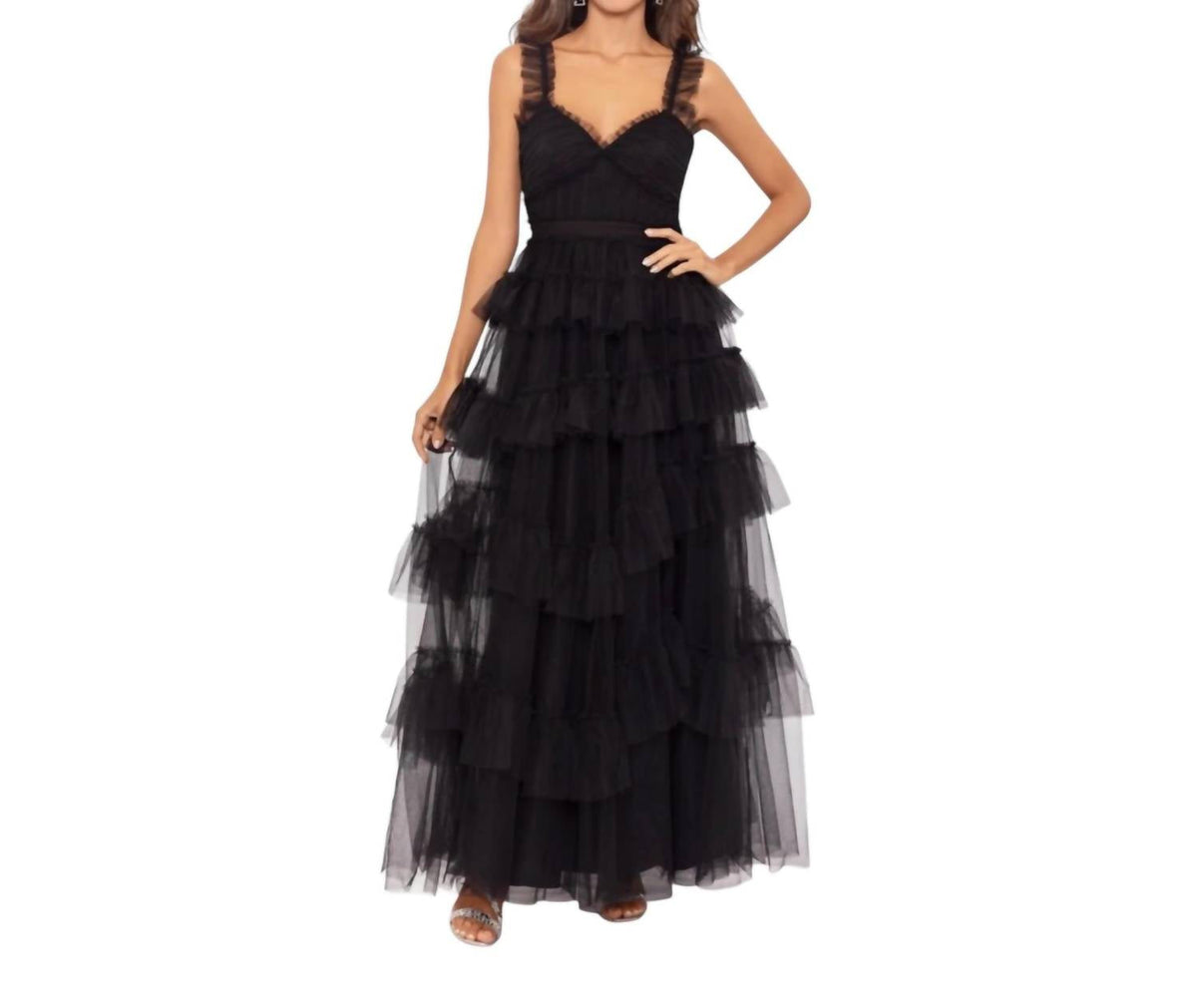 Women's Gigi Long Ruffle Mesh Dress In Black