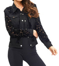 Velvet Floral Mesh Denim Jacket In Black