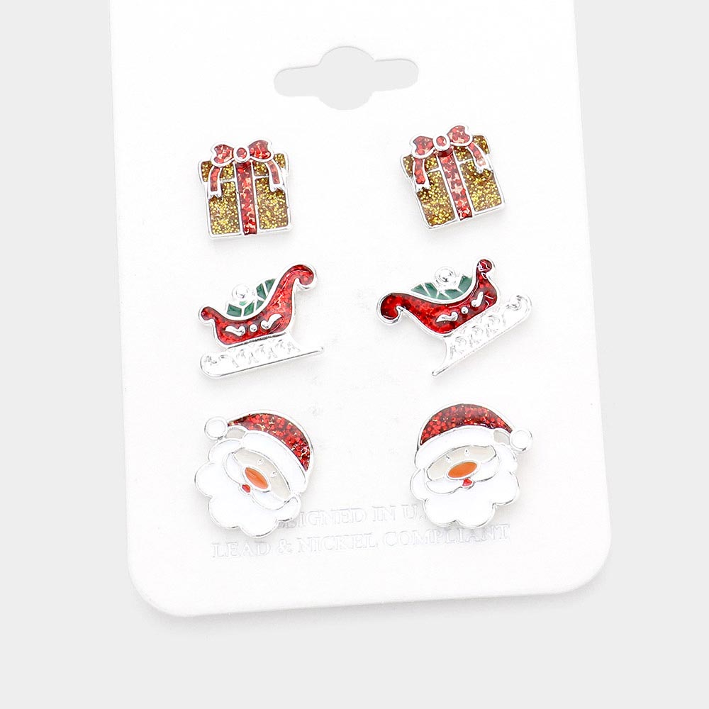 3Pairs - Glittered Christmas Gift Sled Santa Claus Stud Earrings