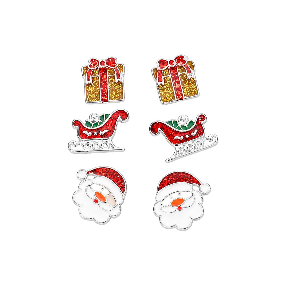 3Pairs - Glittered Christmas Gift Sled Santa Claus Stud Earrings