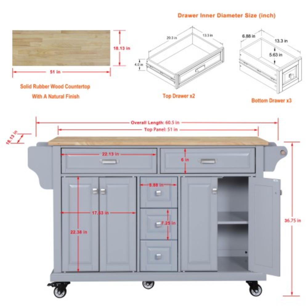 Kitchen Storage Island with Rubberwood Worktop and Five Drawers